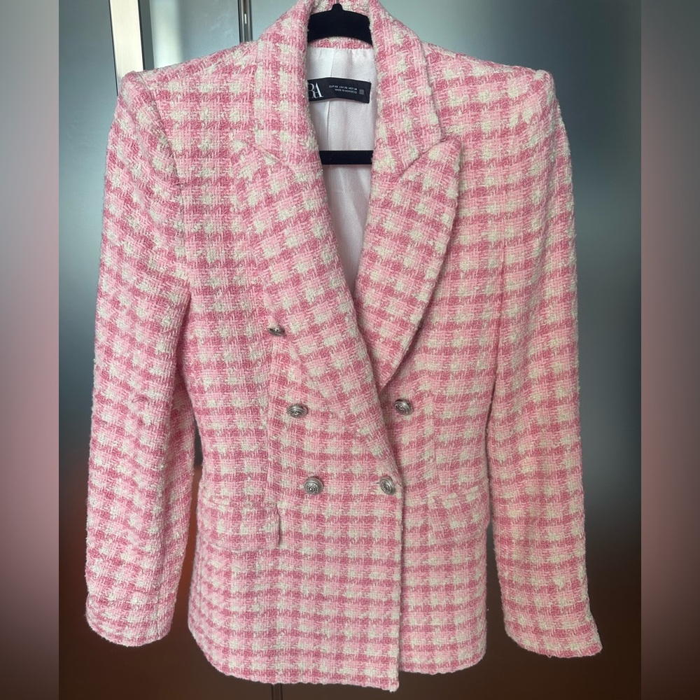 Pink Tweed Double-Breasted Blazer Jacket